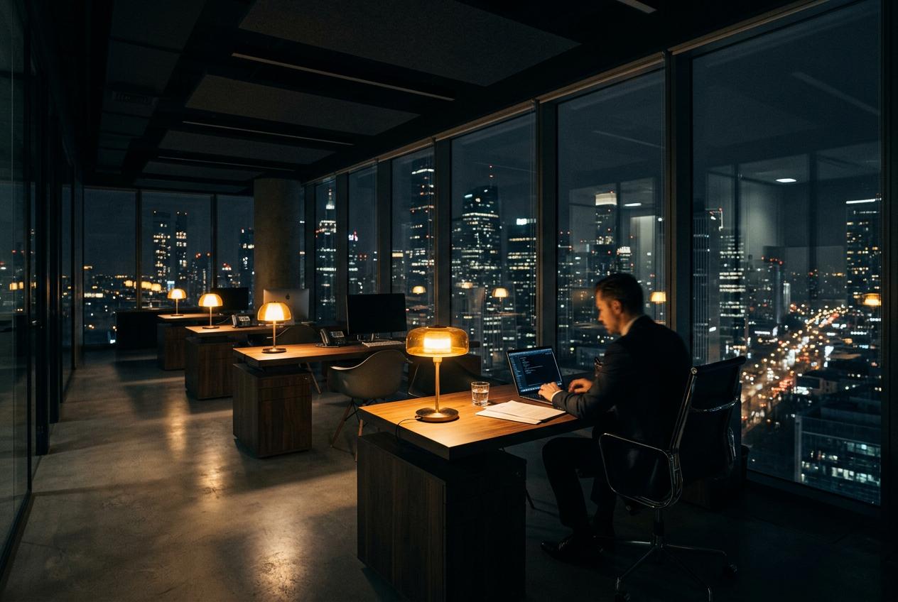 A quiet executive office overlooking a city skyline
