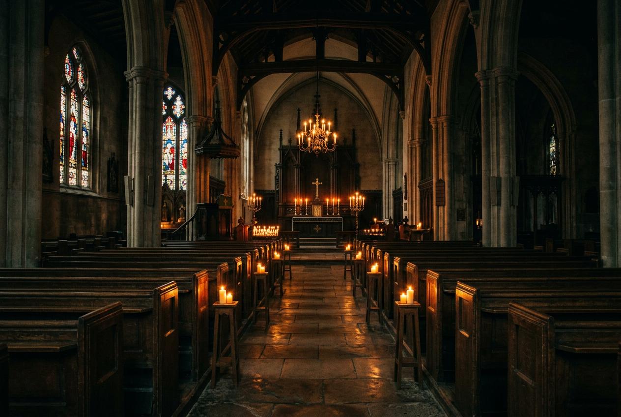 A calm candlelit church interior