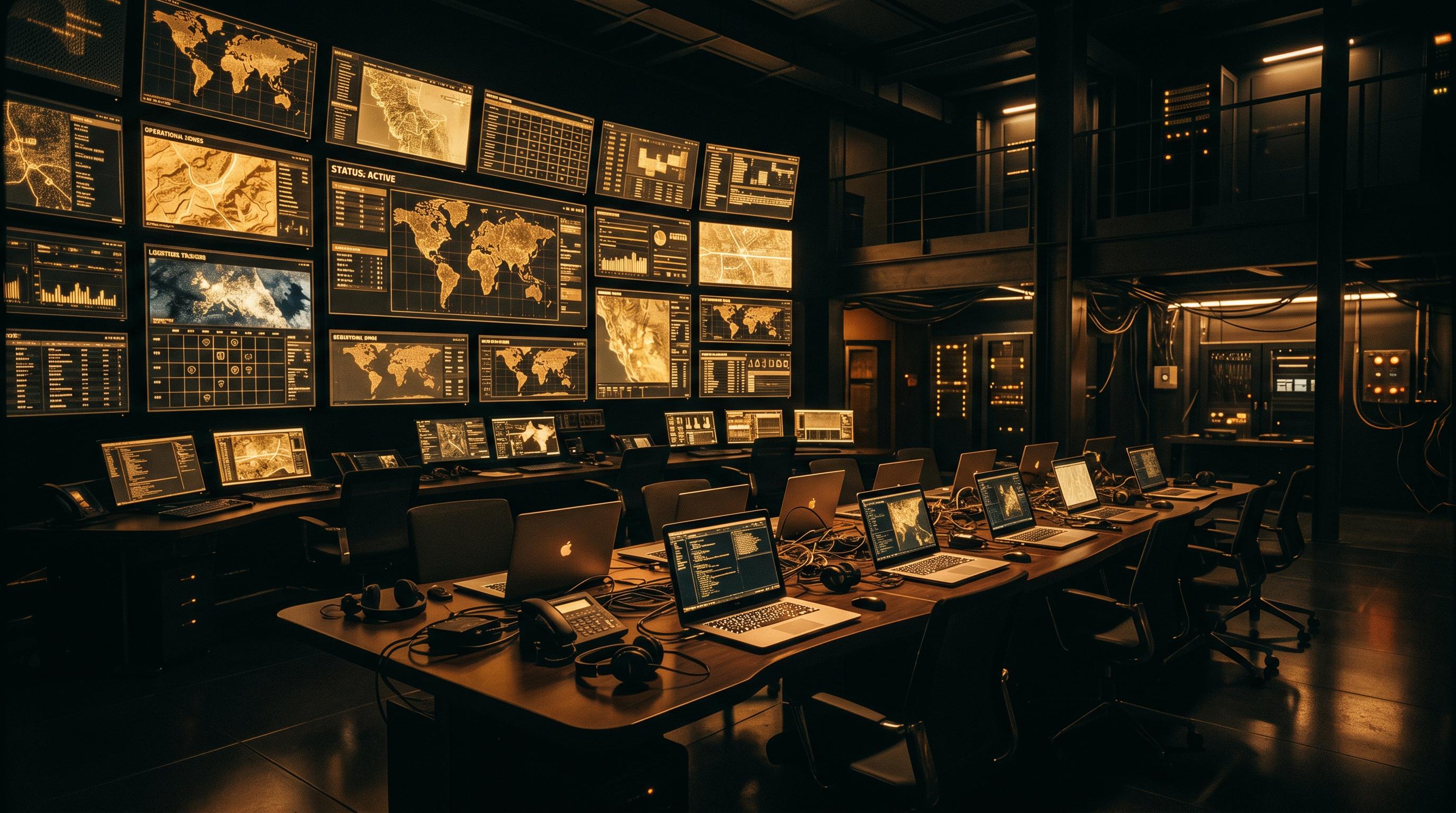 An institutional readiness operations room with monitors and mapping